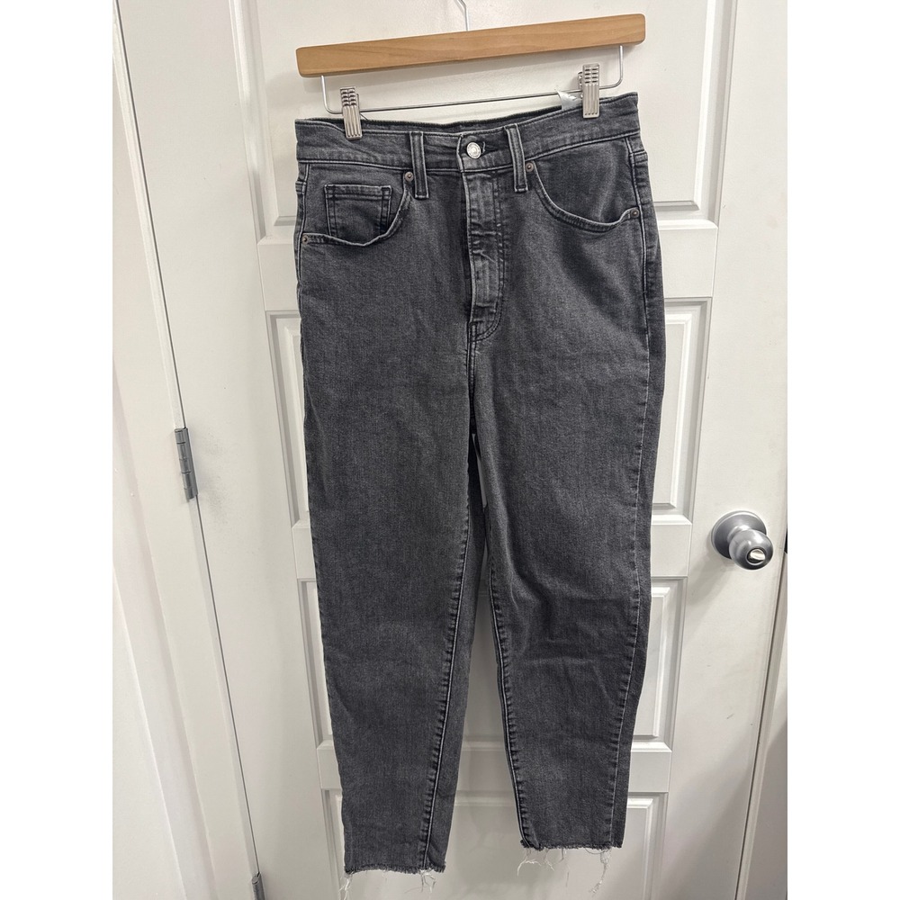 Levis High Waisted Taper Gray Jeans Raw‎ Hem Size 27 Charcoal Denim Pants